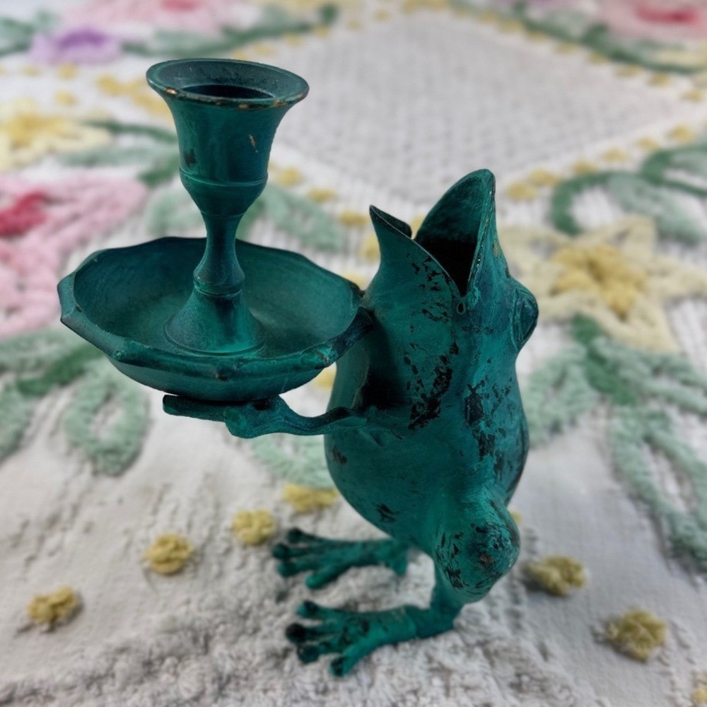 Vintage Verdigris Cast Metal Frog Taper Candle Holder Figurine Green Patina 7in
